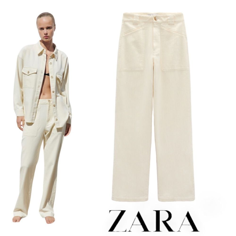 ZARA Ecru Z1975 Mid Rise Carpenter Wide Leg Jeans NWT